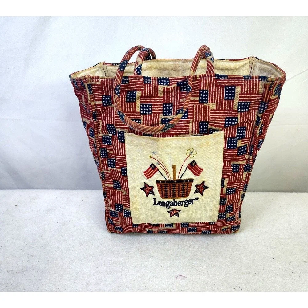 Longaberger Old Glory Small Tote Bag  Double Handle Red White Blue 8